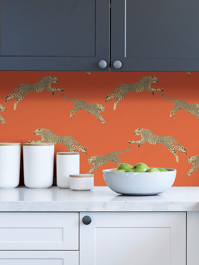 Leaping Cheetah Clementine Peel & Stick Wallpaper with Novelty Animal Pattern, Feature Wall Style - SCS4275