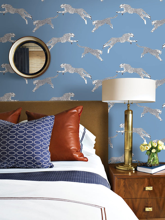 Leaping Cheetah Cloud Nine Blue Peel & Stick Wallpaper with Novelty Feature Wall Style - NuWallpaper SCS4277