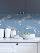 Leaping Cheetah Cloud Nine Blue Peel & Stick Wallpaper with Novelty Feature Wall Style - NuWallpaper SCS4277
