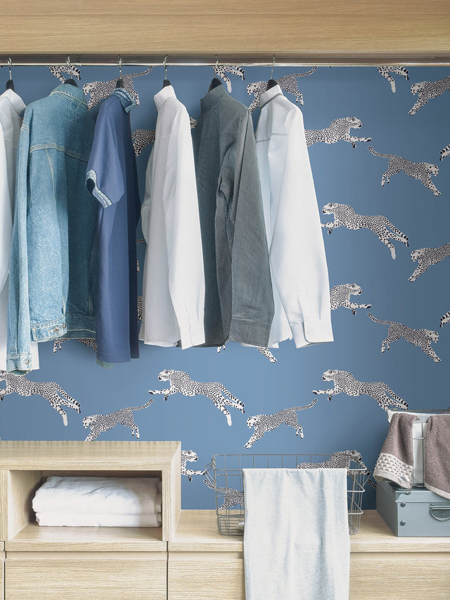 Leaping Cheetah Cloud Nine Blue Peel & Stick Wallpaper with Novelty Feature Wall Style - NuWallpaper SCS4277