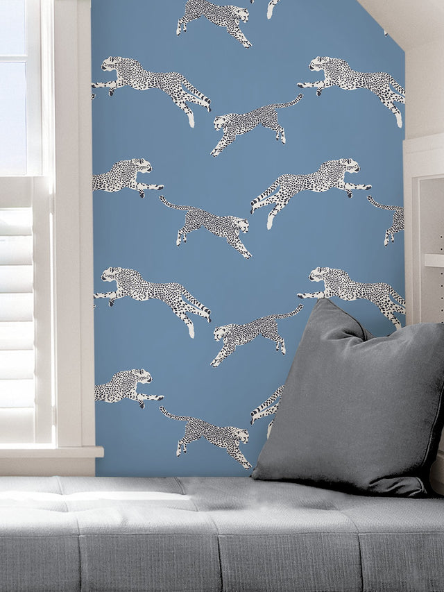 Leaping Cheetah Cloud Nine Blue Peel & Stick Wallpaper with Novelty Feature Wall Style - NuWallpaper SCS4277