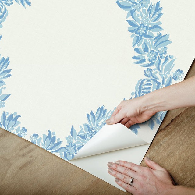 Wreath Sky Blue Peel & Stick Wallpaper with Butterfly Trellis - NuWallpaper SCS6049