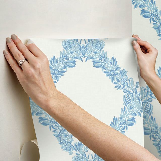 Wreath Sky Blue Peel & Stick Wallpaper with Butterfly Trellis - NuWallpaper SCS6049