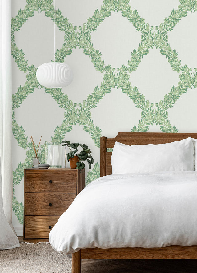 Wreath Jade Peel & Stick Wallpaper with Butterfly Trellis Botanical Motif - NuWallpaper SCS6051