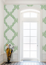Wreath Jade Peel & Stick Wallpaper with Butterfly Trellis Botanical Motif - NuWallpaper SCS6051