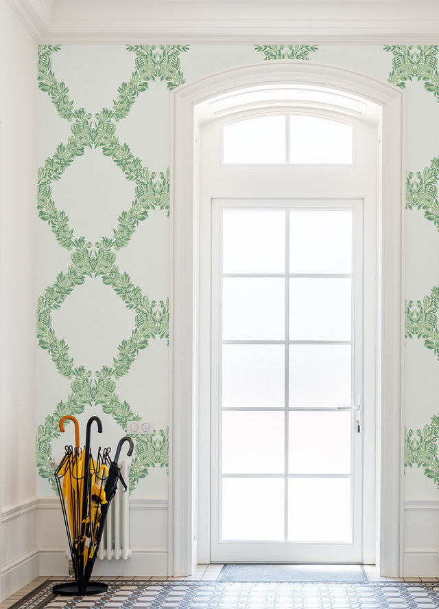 Wreath Jade Peel & Stick Wallpaper with Butterfly Trellis Botanical Motif - NuWallpaper SCS6051