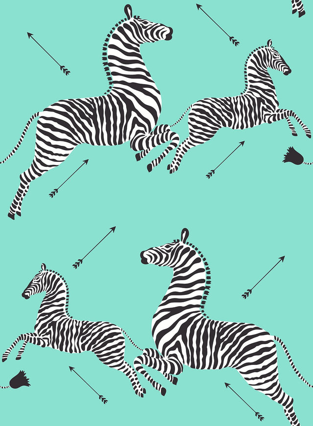 Zebra Safari Aqua Peel & Stick Wallpaper with Zebra Print Motif, Transitional Style - NuWallpaper SCS6055