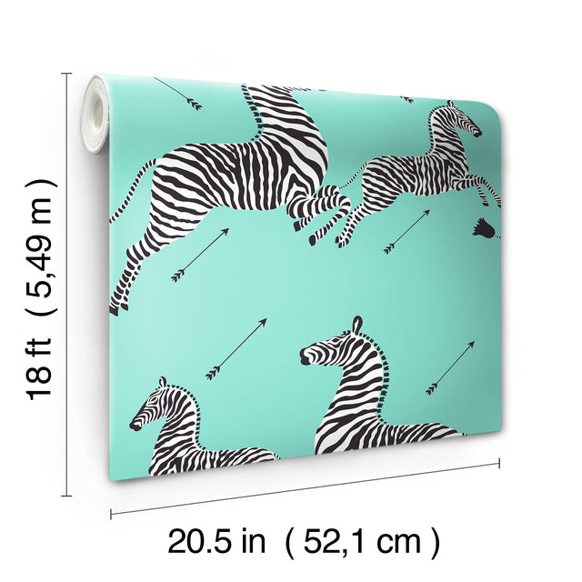 Zebra Safari Aqua Peel & Stick Wallpaper with Zebra Print Motif, Transitional Style - NuWallpaper SCS6055