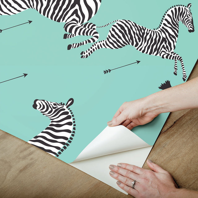 Zebra Safari Aqua Peel & Stick Wallpaper with Zebra Print Motif, Transitional Style - NuWallpaper SCS6055
