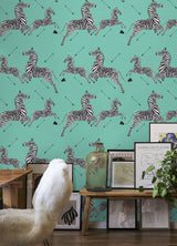 Zebra Safari Aqua Peel & Stick Wallpaper with Zebra Print Motif, Transitional Style - NuWallpaper SCS6055