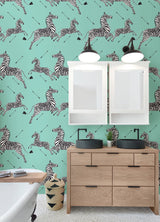 Zebra Safari Aqua Peel & Stick Wallpaper with Zebra Print Motif, Transitional Style - NuWallpaper SCS6055