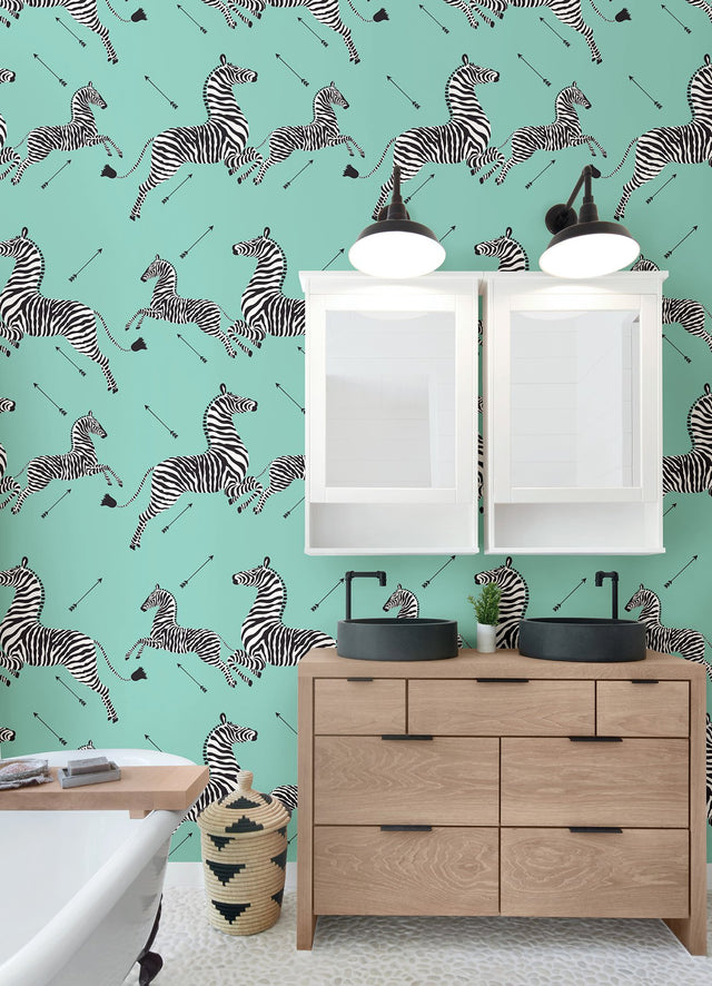 Zebra Safari Aqua Peel & Stick Wallpaper with Zebra Print Motif, Transitional Style - NuWallpaper SCS6055