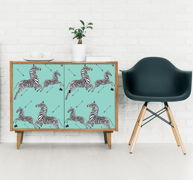Zebra Safari Aqua Peel & Stick Wallpaper with Zebra Print Motif, Transitional Style - NuWallpaper SCS6055