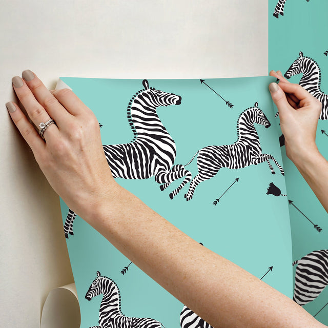 Zebra Safari Aqua Peel & Stick Wallpaper with Zebra Print Motif, Transitional Style - NuWallpaper SCS6055