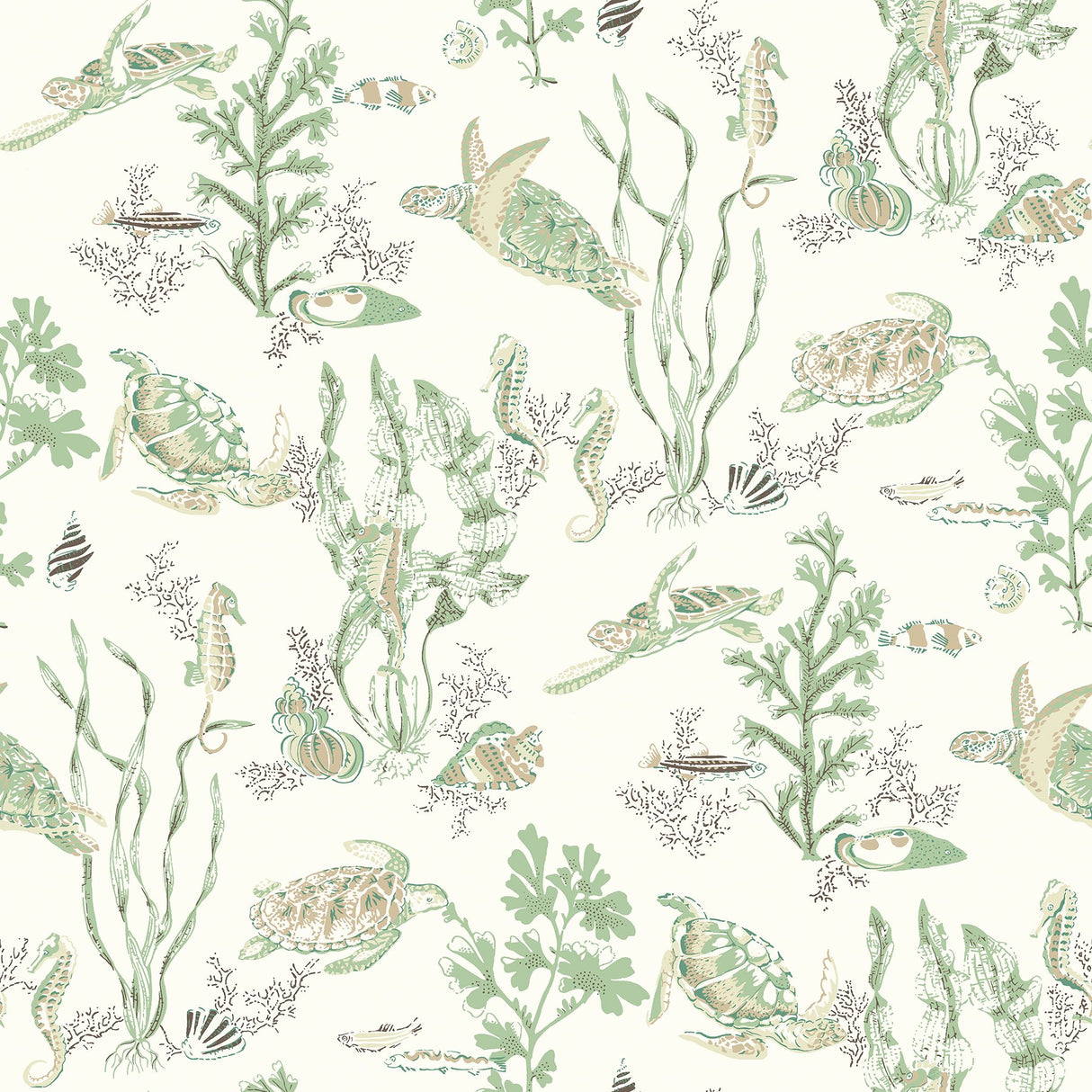 Garparilla Jade & Sandstone Peel & Stick Wallpaper with Coastal Sea Turtle Toile - Brewster SCS6056