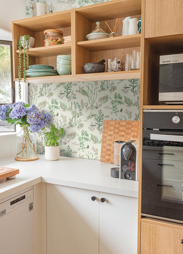 Garparilla Jade & Sandstone Peel & Stick Wallpaper with Coastal Sea Turtle Toile - Brewster SCS6056