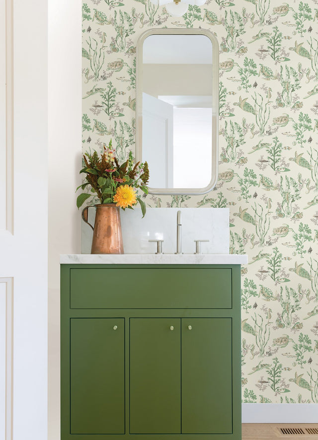 Garparilla Jade & Sandstone Peel & Stick Wallpaper with Coastal Sea Turtle Toile - Brewster SCS6056