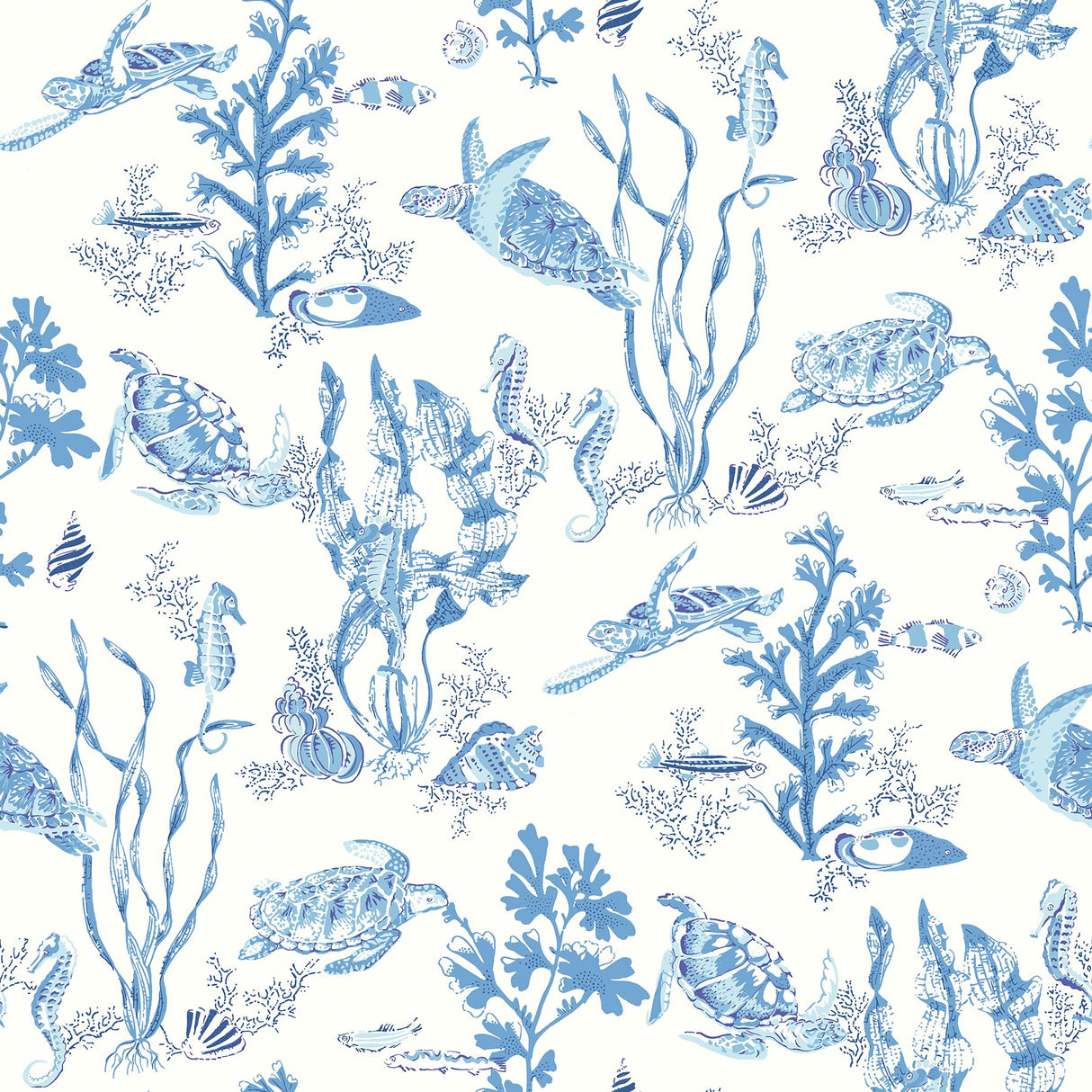 Garparilla Azure Peel & Stick Wallpaper with Coastal Underwater Toile - Scalamandre SCS6057