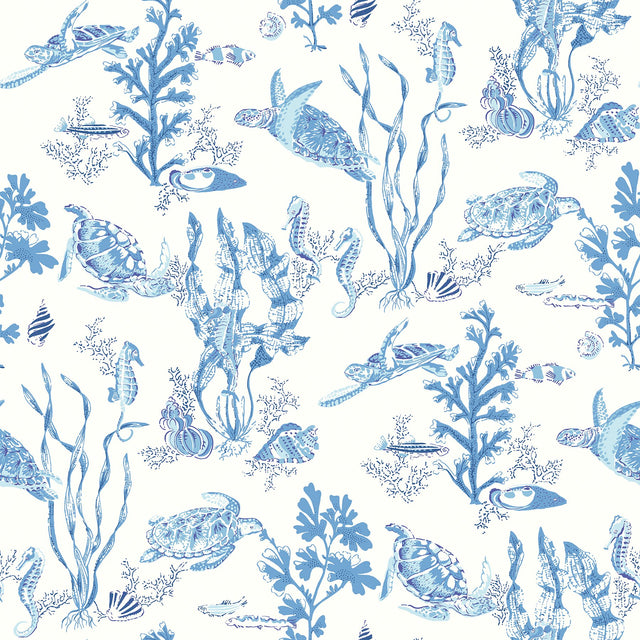 Garparilla Azure Peel & Stick Wallpaper with Coastal Underwater Toile - Scalamandre SCS6057