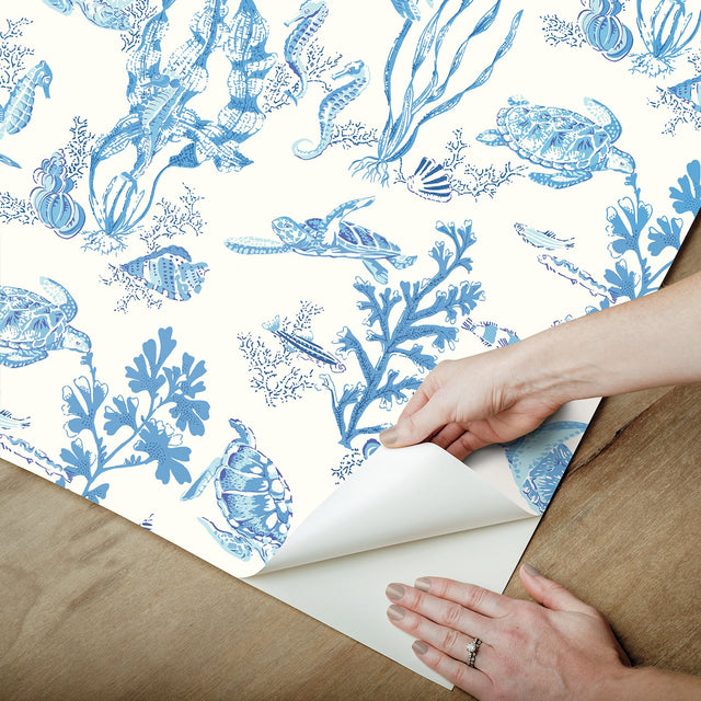 Garparilla Azure Peel & Stick Wallpaper with Coastal Underwater Toile - Scalamandre SCS6057