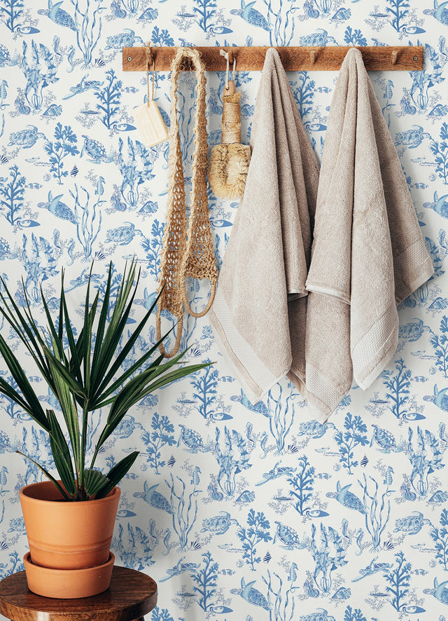 Garparilla Azure Peel & Stick Wallpaper with Coastal Underwater Toile - Scalamandre SCS6057