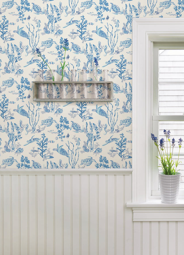 Garparilla Azure Peel & Stick Wallpaper with Coastal Underwater Toile - Scalamandre SCS6057