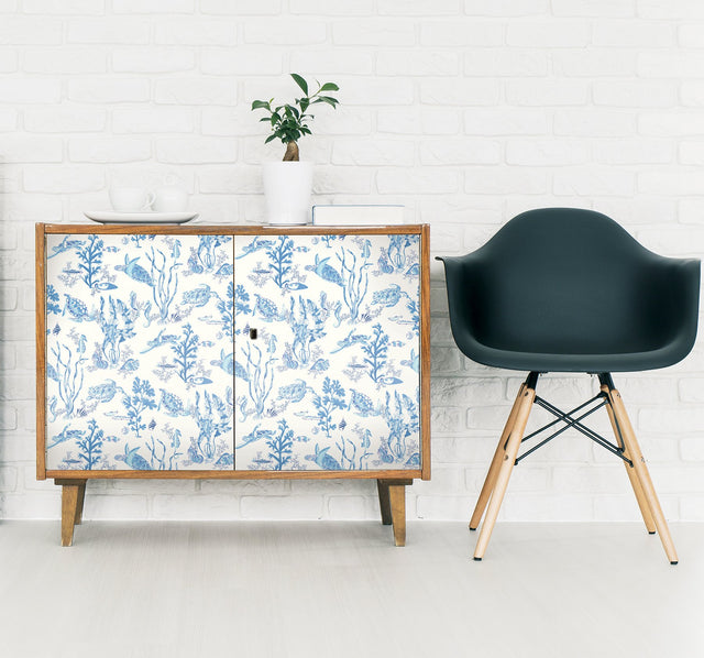 Garparilla Azure Peel & Stick Wallpaper with Coastal Underwater Toile - Scalamandre SCS6057