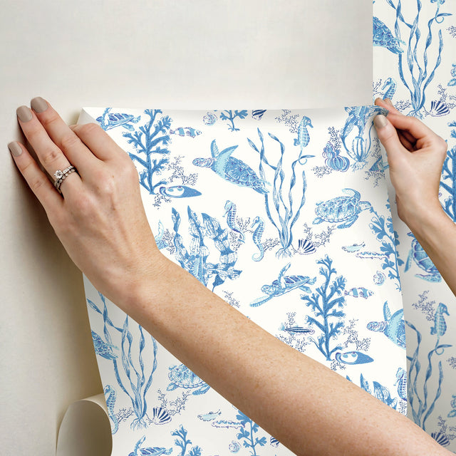 Garparilla Azure Peel & Stick Wallpaper with Coastal Underwater Toile - Scalamandre SCS6057
