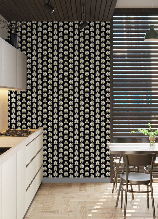 Fleur Black Peel & Stick Wallpaper with Retro Botanical Daisy Pattern - NuWallpaper SCS6058