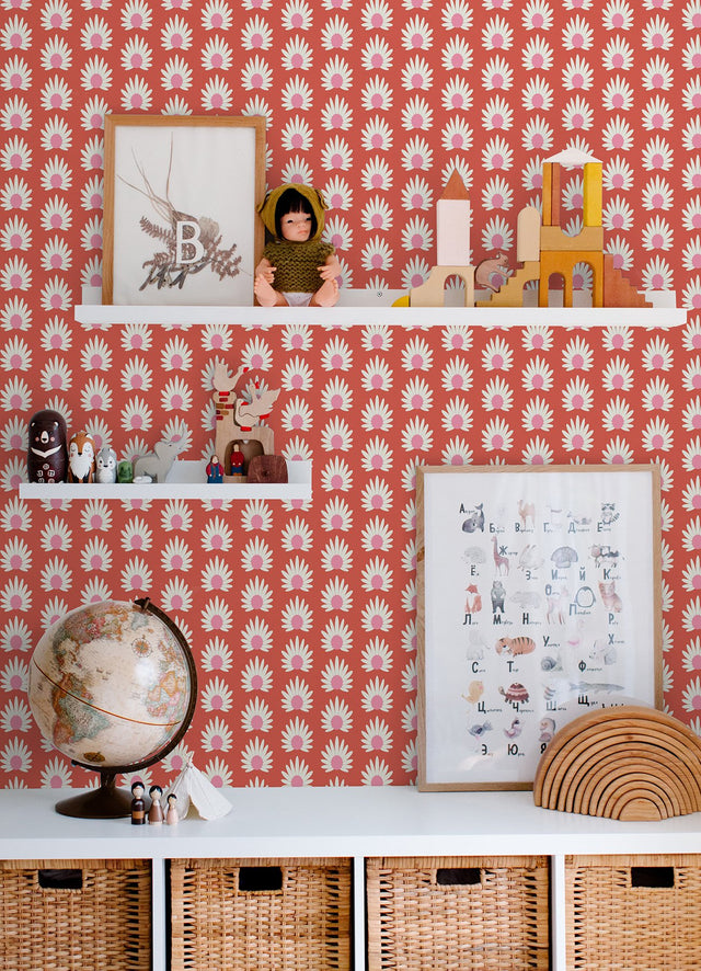 Valentino Fleur Red Peel & Stick Wallpaper with Retro Botanical Daisy Pattern - NuWallpaper SCS6060