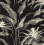 Palma peel and stick wallpaper in Onyx & Alloy with tropical botanical leaves on a black background