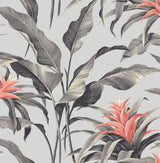Tropical botanical peel and stick wallpaper with metallic silver leaves and coral flowers on a light background (Palma, SG10301).