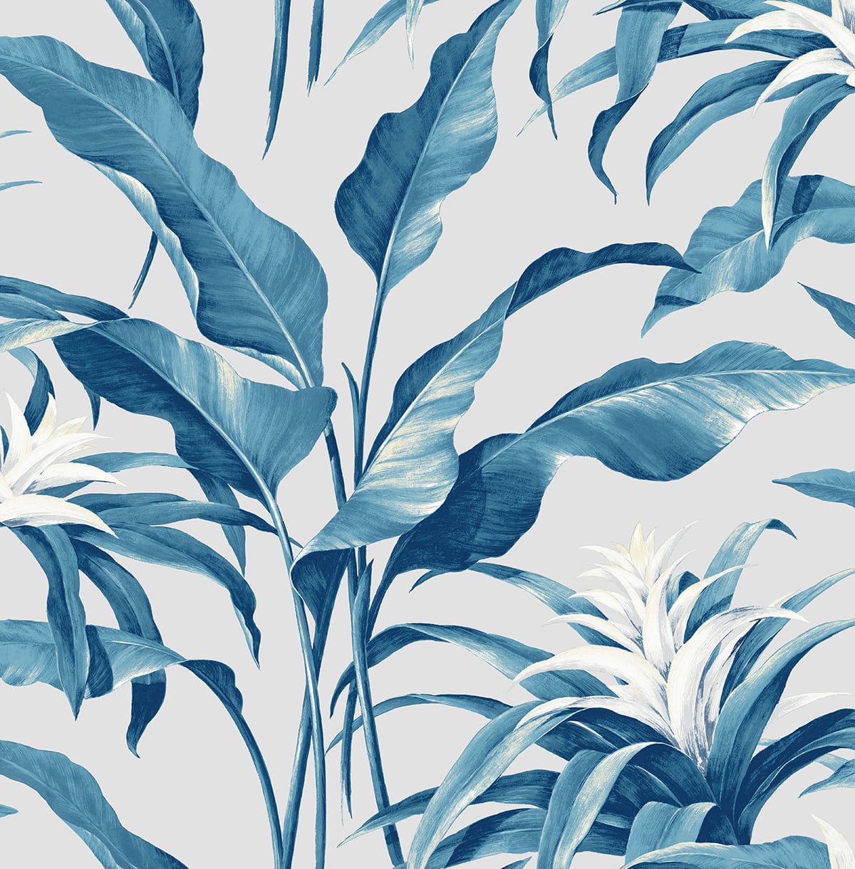 Palma tropical botanical leaf peel and stick wallpaper in blue lagoon and grey