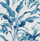 Palma tropical botanical leaf peel and stick wallpaper in blue lagoon and grey