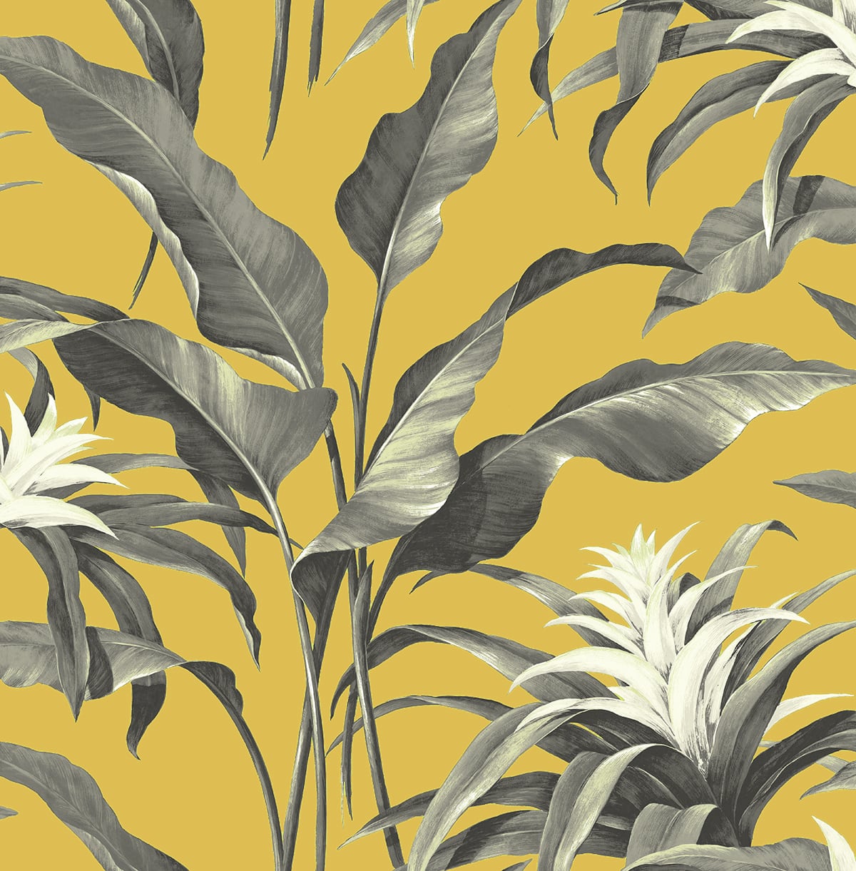 Palma peel and stick wallpaper in golden yellow with moonstone grey tropical botanical leaves