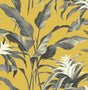 Palma peel and stick wallpaper in golden yellow with moonstone grey tropical botanical leaves