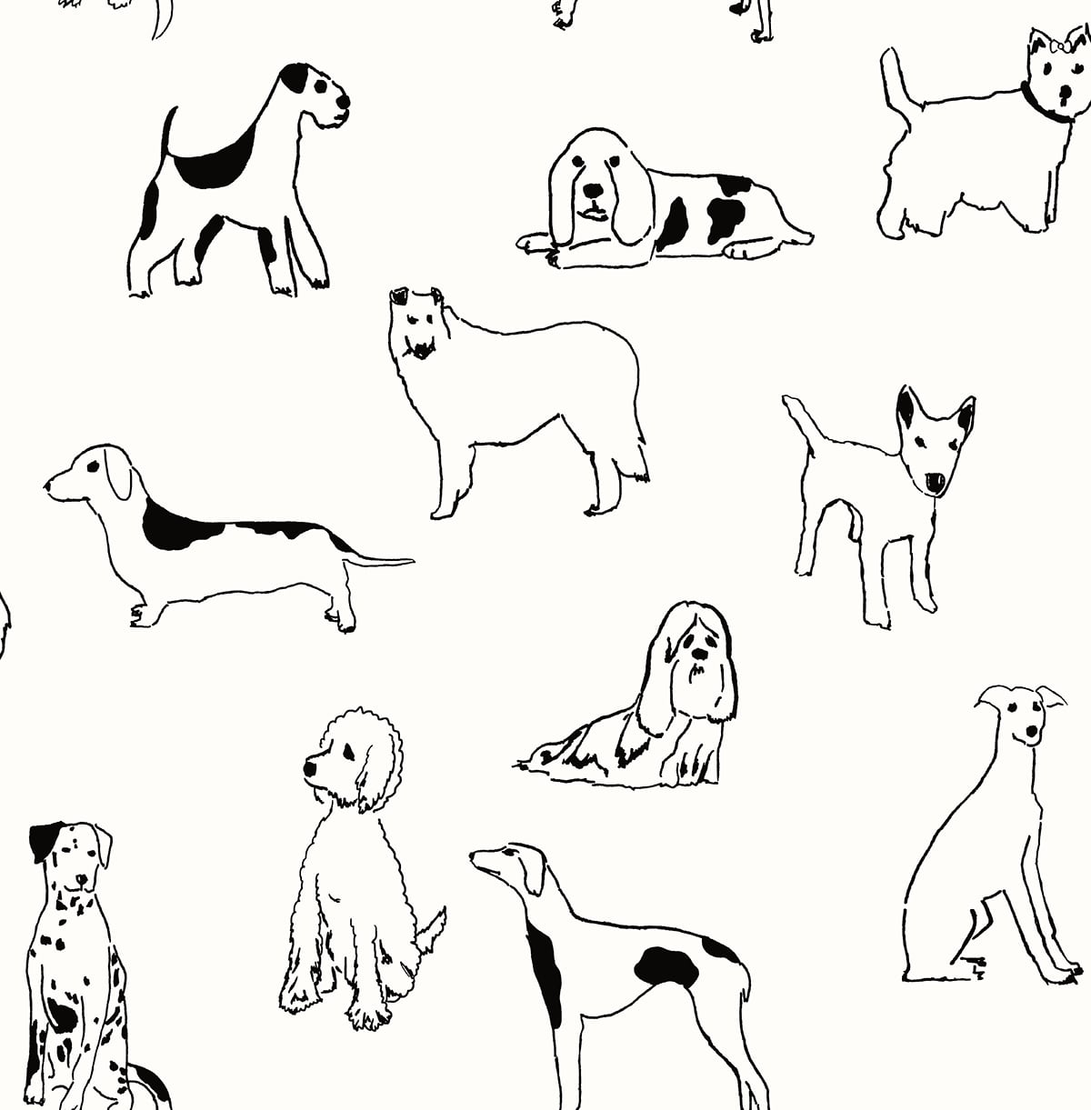 Black line drawing dogs on white background peel and stick wallpaper pattern