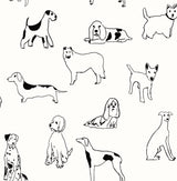 Black line drawing dogs on white background peel and stick wallpaper pattern