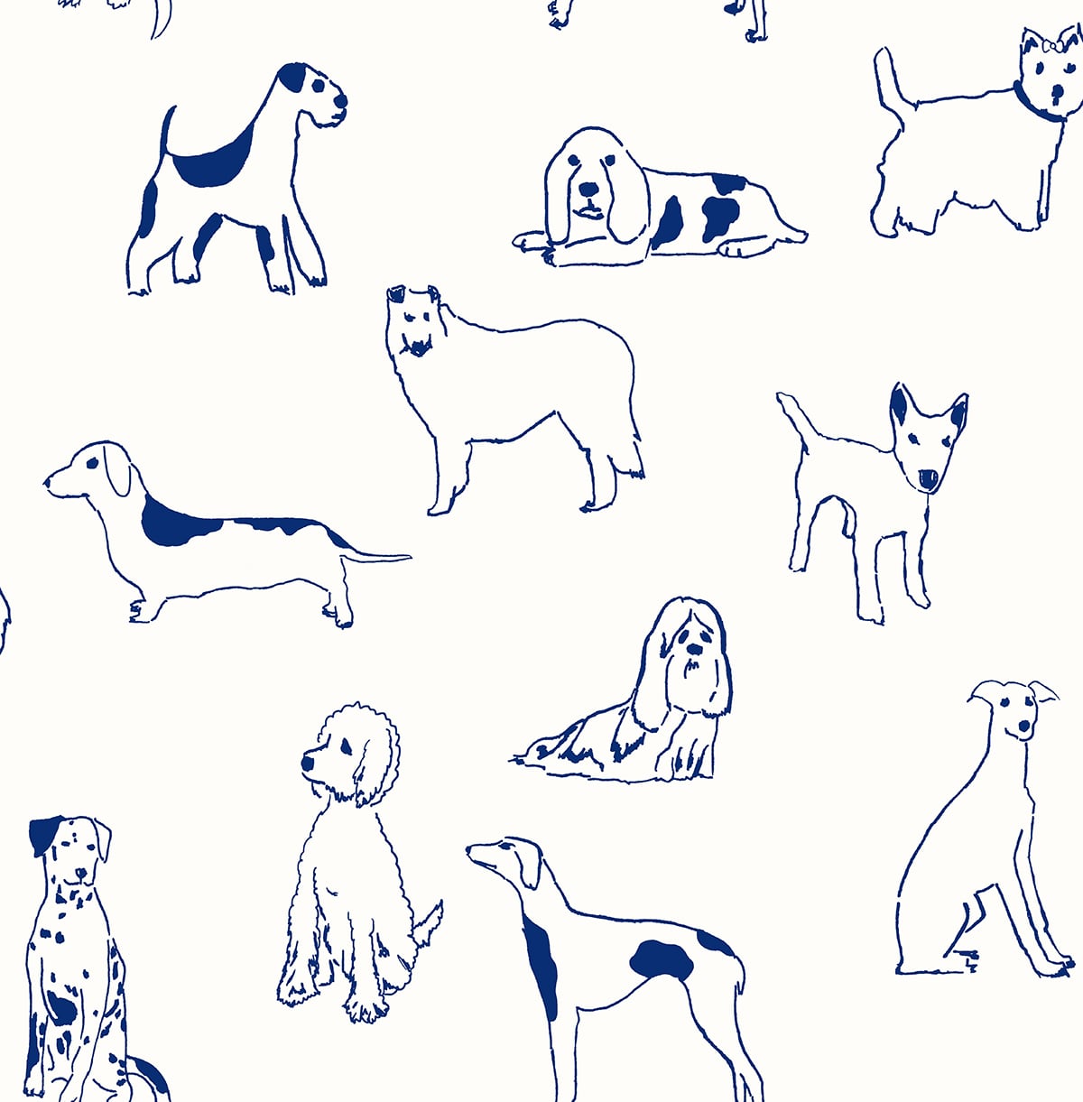 Indigo dog sketch peel and stick wallpaper pattern on white background