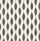 Ditto peel and stick geometric wallpaper in Eclipse & Linen with black elongated oval motif on a linen off-white ground.