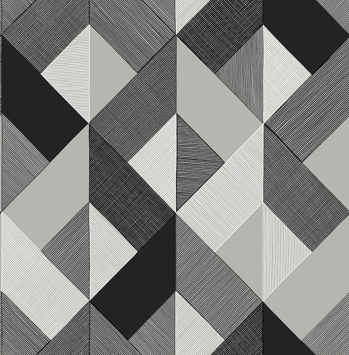 Marquetry Greystone geometric peel and stick wallpaper in black, grey, and white