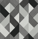 Marquetry Greystone geometric peel and stick wallpaper in black, grey, and white