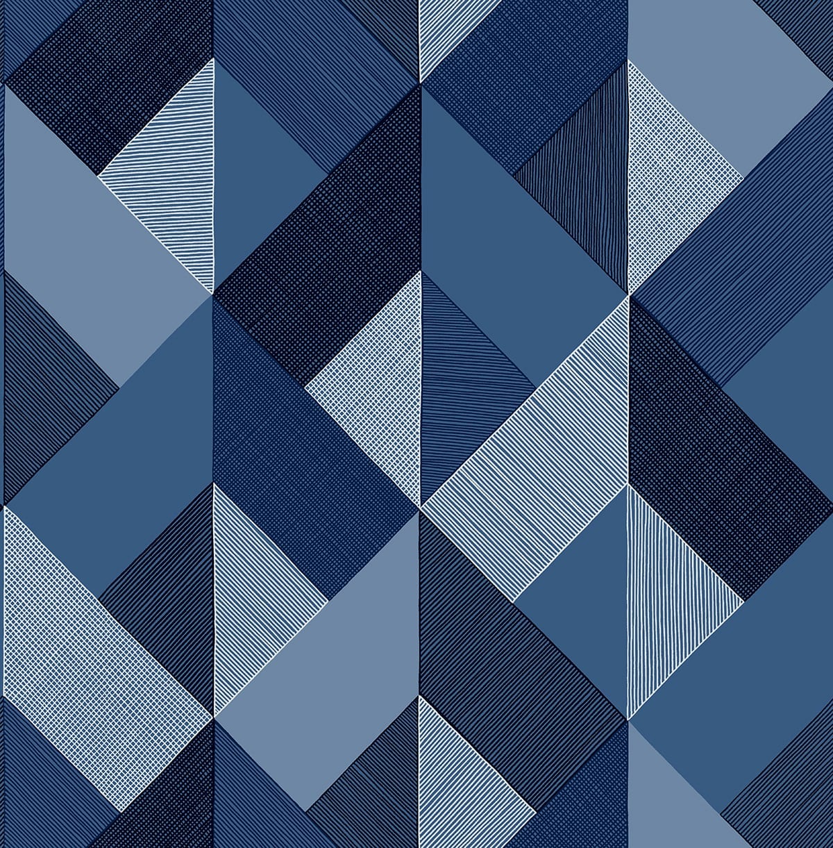 Blue geometric marquetry pattern peel and stick wallpaper in multiple navy and slate blue tones.