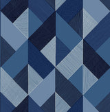 Blue geometric marquetry pattern peel and stick wallpaper in multiple navy and slate blue tones.