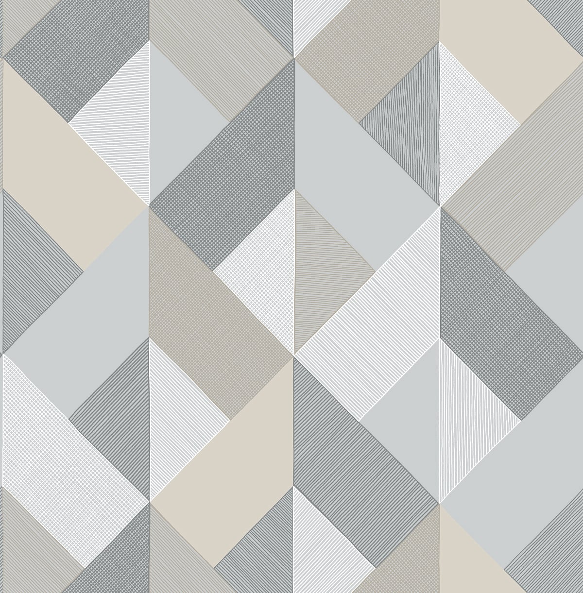 Marquetry Warm Stone geometric peel and stick wallpaper pattern in beige, grey and white