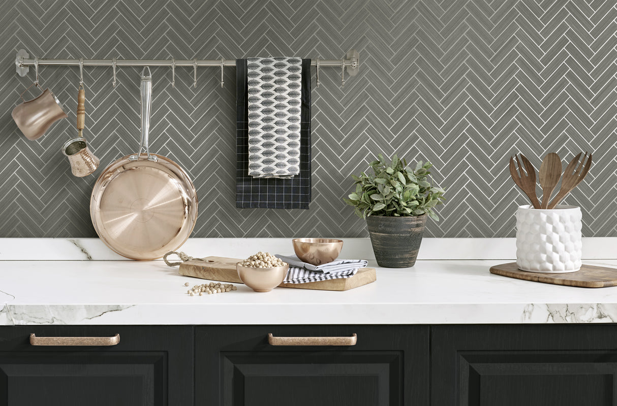 Herringbone Inlay Graphite & Metallic Silver by Stacy Garcia Peel and Stick Peel & Stick Wallpaper – Stacy Garcia Home SG11307
