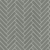 Graphite and metallic silver herringbone tile peel and stick wallpaper pattern