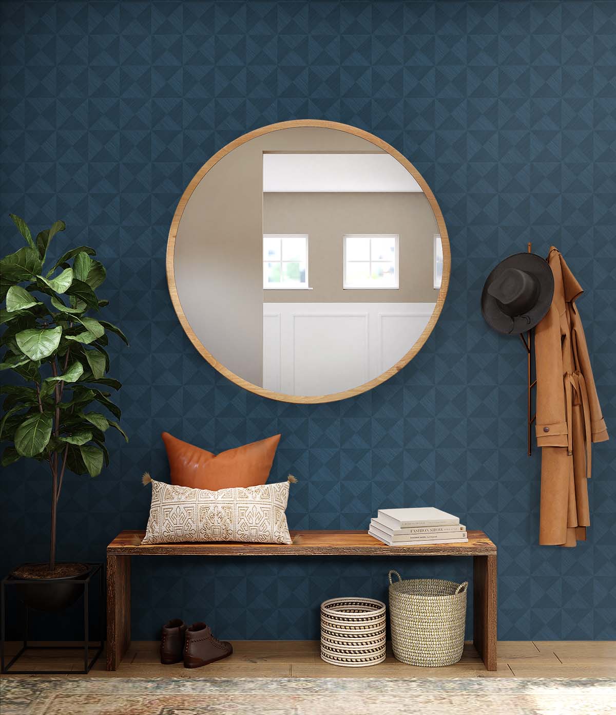 Geo Inlay Denim Blue by Stacy Garcia Peel and Stick Geometric Faux Grasscloth Wallpaper – Stacy Garcia Home SG11712