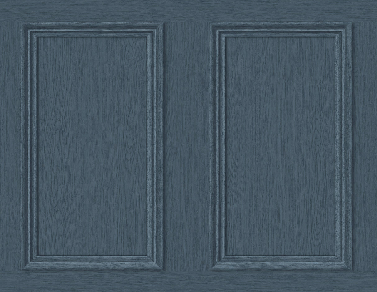 Denim blue faux wood panel peel and stick wallpaper with a matte finish.