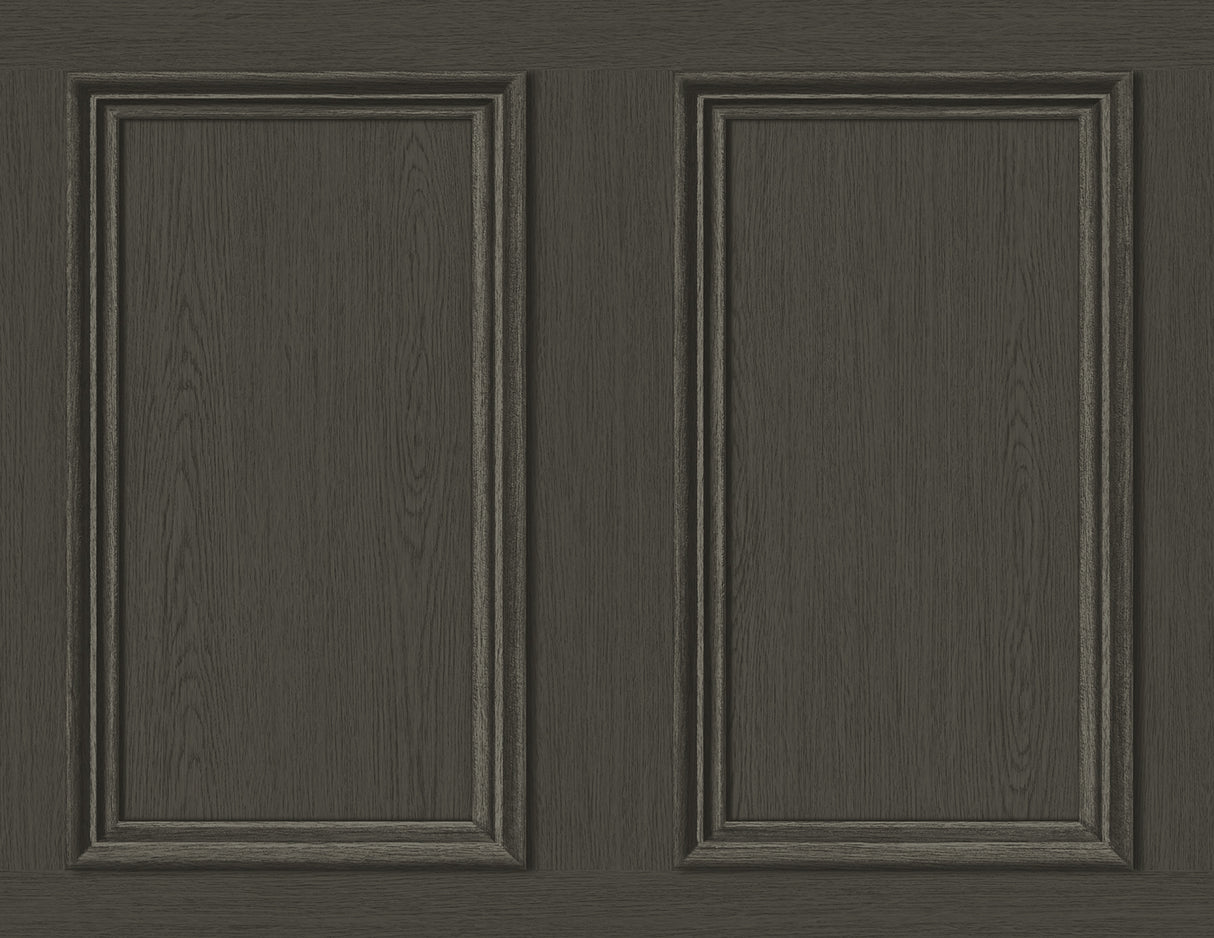 Charcoal faux wood panel peel and stick wallpaper with matte finish and straight match